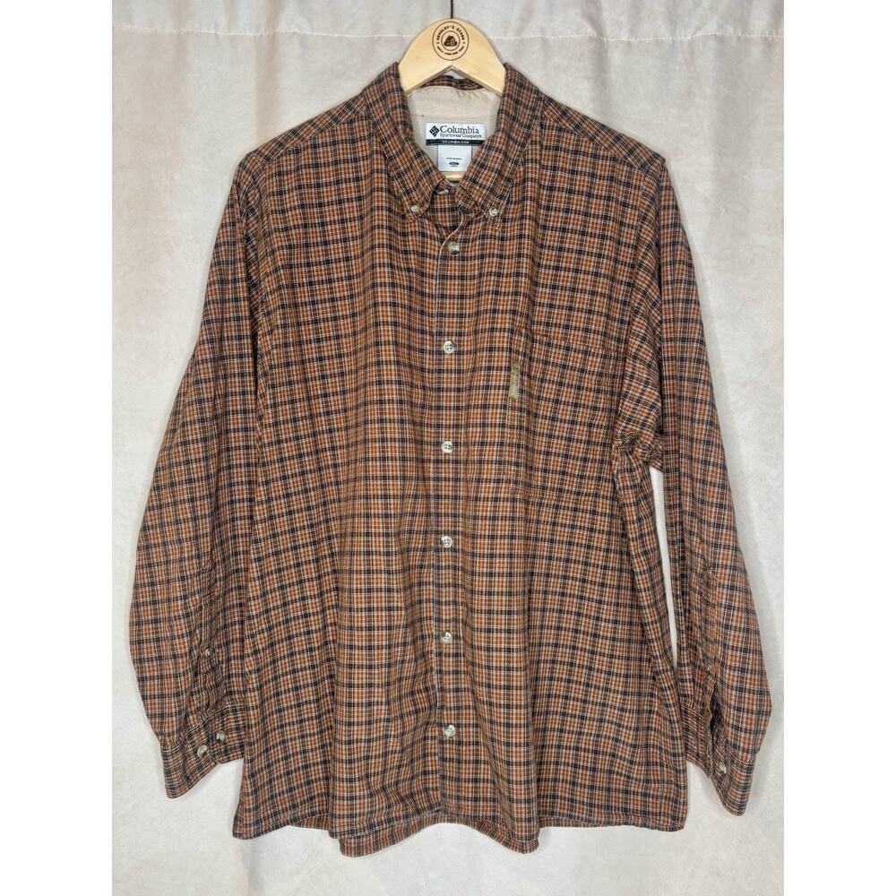 Columbia Orange Plaid Button Up Shirt Mens XL Cotton Outdoor Casual